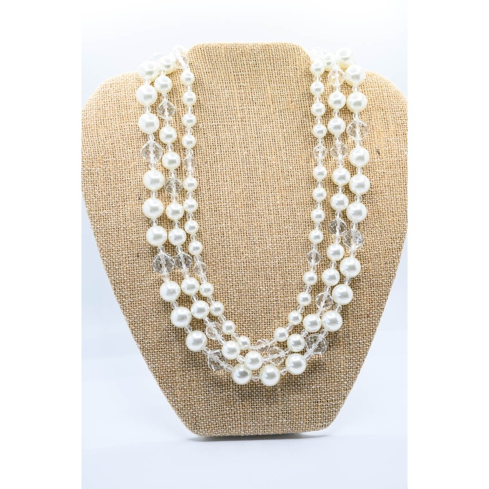 Anne Klein Necklace White Faux Pearl Crystal Triple Strand Layered Silver